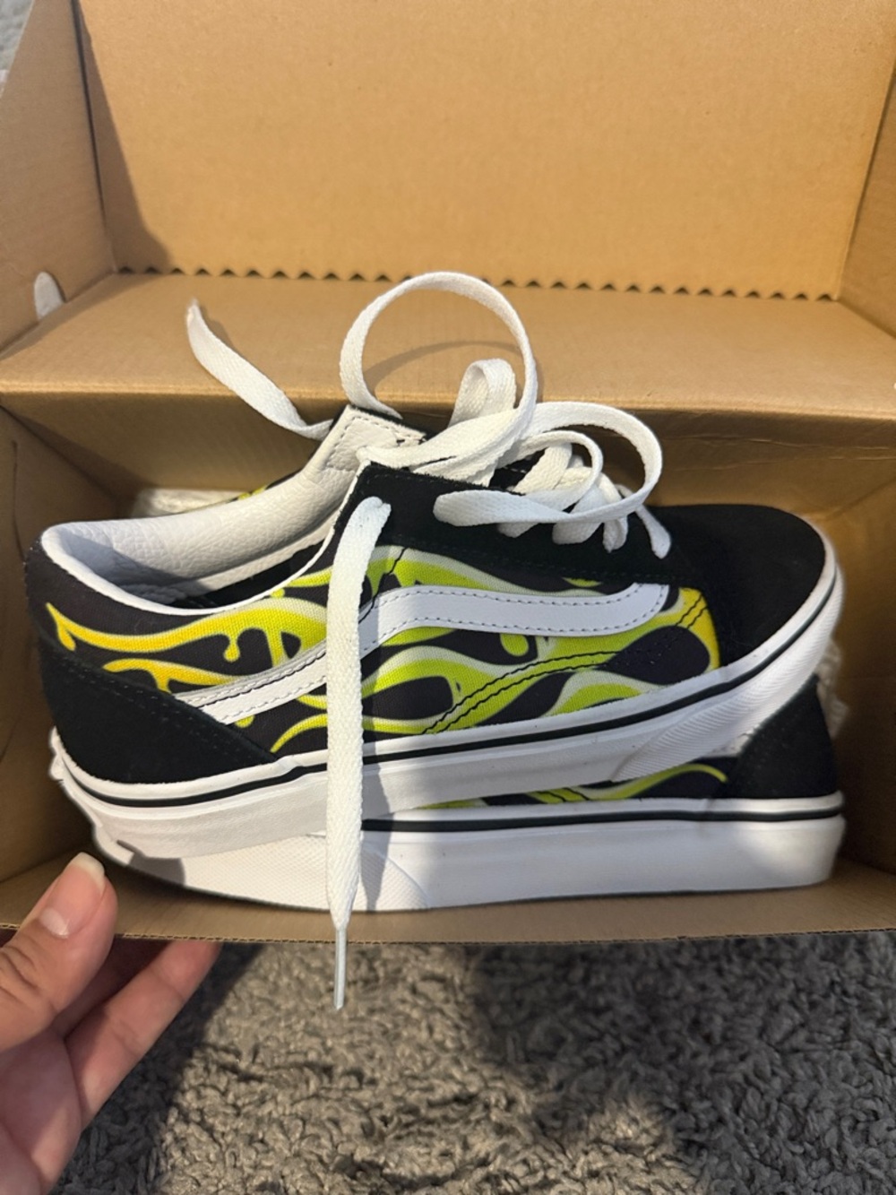 Vans Kids Old Skool Black with Neon Yellow Flame Accent